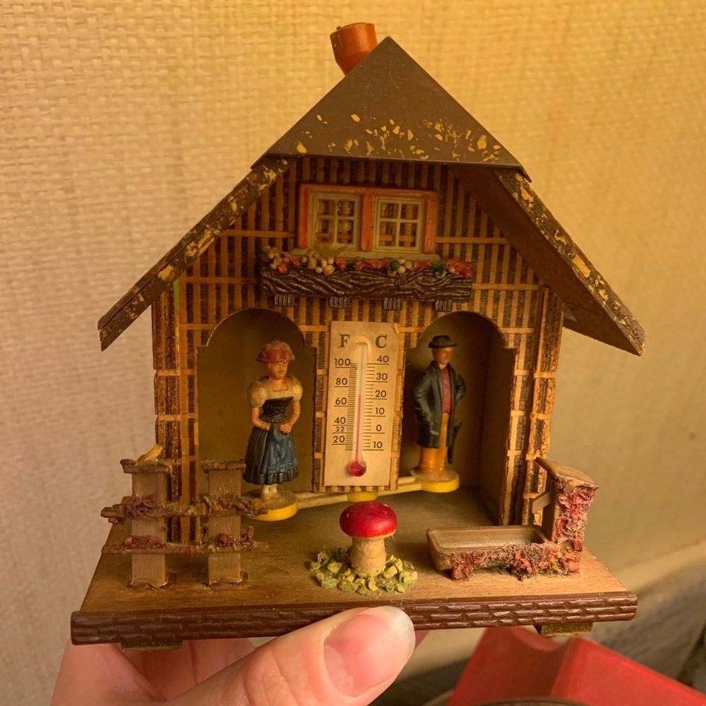 1950s West Germany Vintage Bambi Wooden Thermometer Weather Station House Chalet
